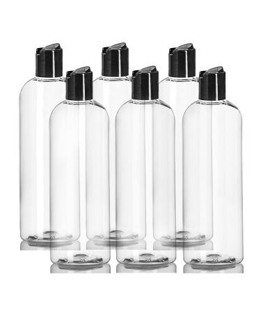 ljdeals 16 oz Clear Plastic Empty Bottles with Black Disc Top Caps, Squeezable Refillable Containers for Shampoo, Lotions, Cream and more Pack of 6, BPA Free, Made in USA