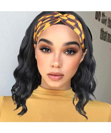 Oseti Short Curly Headband Wigs for Black Women Black Wavy Wigs with Headbands Attached Body Wave Wig Head Wrap Wigs with Ice Silk Turban Synthetic Headband Wigs for Women Short Loose Bob Wig 14Inch 1B