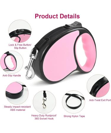 Retractable Dog Lead 5M Long Extendable with Non-Slip Handle & Adjustable Dog Lead One-Hand Brake Pause Lock 360 Universal Anti-winding with Bonus Training Clicker for Small Medium Dogs (Pink) - Buy Online on GoSupps.com
