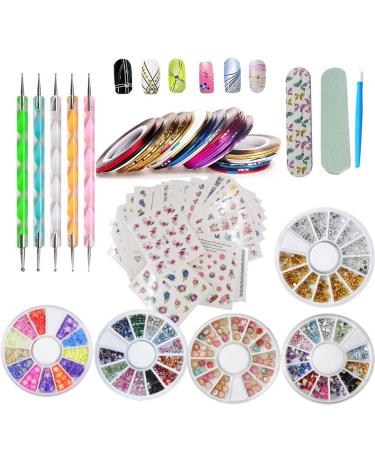 DIY Glitter Nail Rhinestones Decorations Dotting Tool Water Transfer Sticker Decal Nail Line Tape Striping Nails Sanding Buffing File Beauty Accessories Nail Art Set Kit (Style 2)