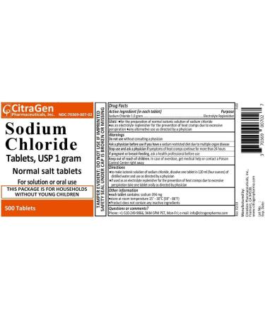 Sodium Chloride Tablets 1 gm USP - 500 Tablets by CitraGen Pharmaceuticals Inc. | Unflavored | Pack of 1 - Buy Online on GoSupps.com