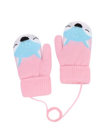 Kids Toddlers Thermal Gloves Mittens Winter Warm Thick Knitted Gloves with String Baby Fleece Lined Gloves Hanging Neck Mittens Cute Full Finger Mittens with Anti-Lost String for Boys Girls Age 0-4 Pink