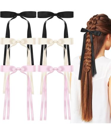 6Pcs Satin Ribbon Hair Bows for Women with Metal Clips - Black, Pink, Beige - Buy Online on GoSupps.com