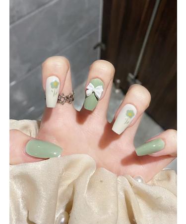 24pcs Green Floral Press on Nails Bow Fake Nail Long Coffin Green Nails Press on Nails Coffin Shape Nails