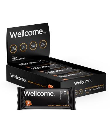Wellcome Salted Caramel Marine Collagen Protein Bar with Reishi Mushroom For Energy and Immune Support - Adaptogenic Snack Bar - Dairy Free Health Bar for Functional Active Lifestyle (Pack of 12)