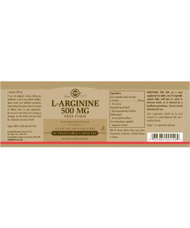 Solgar L-Arginine 500 mg Vegetable Capsules - Pack of 50 - For a Healthy Metabolism - Ideal for Athletes - Vegan and Gluten Free 50 Count (Pack of 1) - Buy Online on GoSupps.com