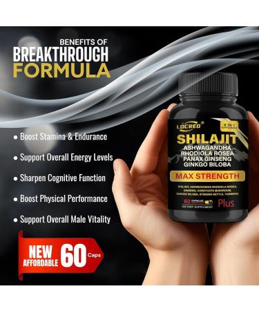 LOCRED Shilajit Capsules for Men & Women 8 in 1 with Shilajit 18000 mg Ashwagandha Ginseng Ginkgo Rhodiola Cordiceps Natural Energy & Stamina Supplement for Men 60 Capsules. - Buy Online on GoSupps.com