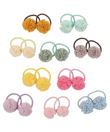 Hot&Sattion 20pcs Baby Toddler Flower Pom Ball Hair Ties for Girls, Small Hair Ties for Kids, Multicolor No-metal Hair Elastics Stretchy Ponytail Holders