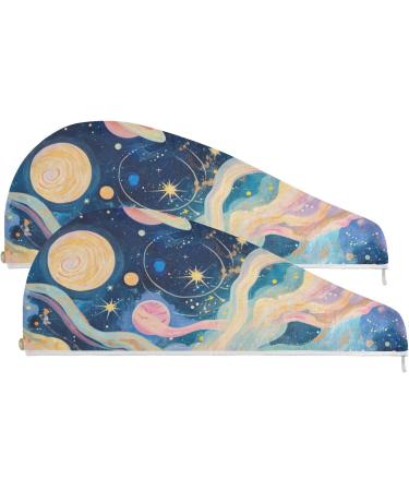Starry Sky Planets Hair Towel 2 Pack | Super Absorbent & Quick Dry Hair Turbans for Women & Girls - Buy Online on GoSupps.com