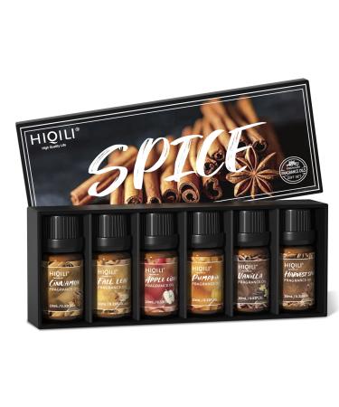 HIQILI Fragrance Oil Spice Set of 6 Premium Candle Oils, Cinnamon, Apple Cider, Pumpkin, Vanilla, Harvest Spice, Fall Leaf