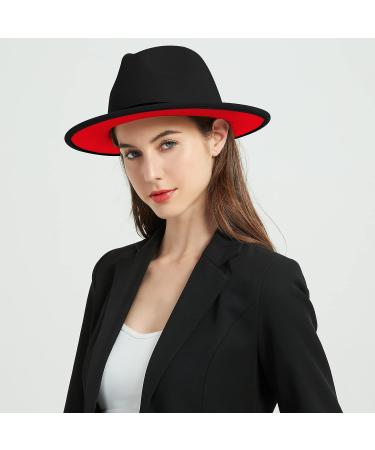 Two Tone Wide Brim Fedora Hat for Women and Men - Black/Red-belt - Small/Medium - Buy Online on GoSupps.com