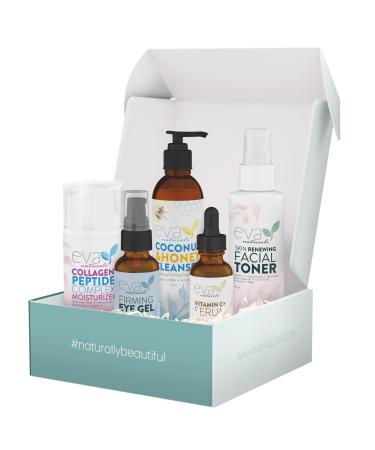 Eva Naturals Rejuvenating Skincare Set 5-in-1 Routine with Cleanser Toner Vitamin C Plus Serum Eye Gel and Collagen Peptide Moisturizer for Face Anti-Wrinkle Dark Spots Acne and Skin Replenish
