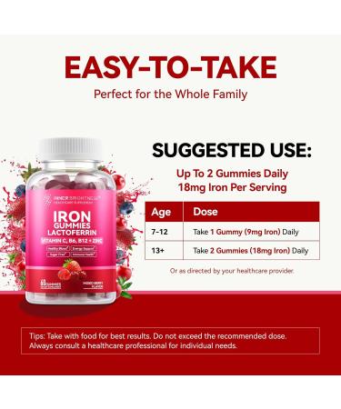 Iron Supplement Gummies with Lactoferrin Vitamin C B6 B12 & Zinc Gentle Vegan Sugar-Free Supports Healthy Blood Immune Health & Energy for Women Men & Kids Mixed Berry Flavor 60 Count Mixed Berry 60 Count (P  - Buy Online on GoSupps.com