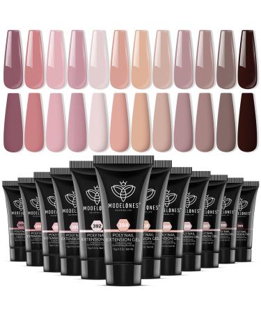 modelones Poly Nail Gel Set - 12 Colors 15g Nude Pink Brown Tone All Seasons Poly Nail Extension Gel Kit Trendy Nail Art Design Professional Salon at Home Holiday Gift for Girl Q1-Pink to Envy
