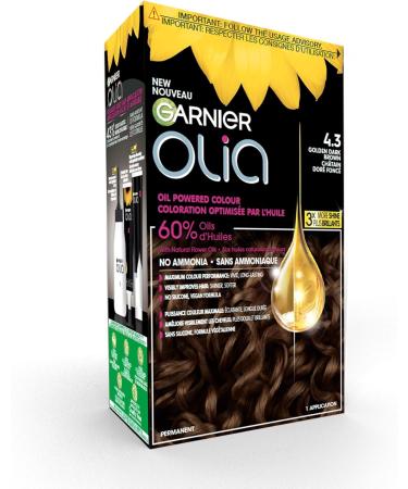 Garnier Olia Permanent Hair Dye Ammonia-Free Hair Color 4.3 Golden Dark Brown 100% Grey Coverage Long-Lasting Hair Shine With 60% Oils 1 Application BROWN SHADES 4.3 Golden Dark Brown - Buy Online on GoSupps.com