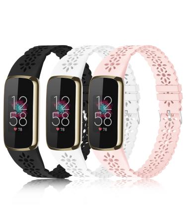 3 Pack Slim Sport Bands Compatible with Fitbit Luxe Band for Women Soft Silicone Lace Thin Hollow-Out Replacement Wristbands Breathable Bands for Fitbit Luxe Fitness Smart Watch Suits for 5.6"-7.1" Wrists A-Black/White/Pink