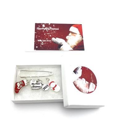 My First Christmas 2023 Keepsake Nappy Pin with Gift Box & Gift Card - Snowman Christmas Stocking