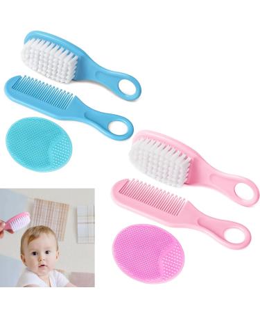 6 Piece Baby Hair Brush and Comb Set Baby Hair Brush and Comb Set for Newborns & Toddlers Natural Soft Goat Bristles for Infant Kids Perfect Baby Registry Gift(Pink Blue)