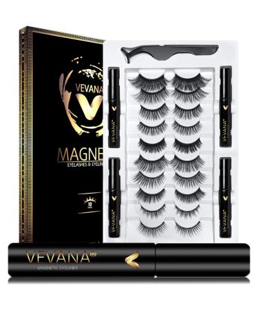 Vevana 2022 Reusable Magnetic Eyelashes and Eyeliner Kit 10 Pairs Natural & Dramatic Look Lashes with 4 Tubes of Magnetic Eyeliner Water & Smudge Proof - Glue Free