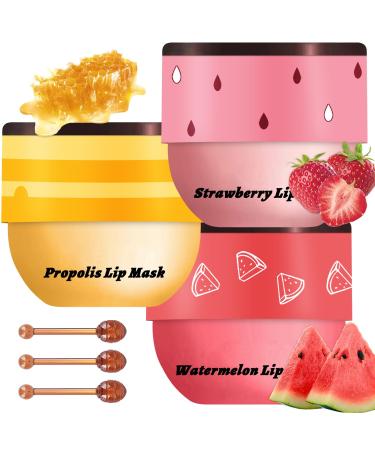 3 Pcs Bee Lip Balm Honey Pot Honey Strawberry Watermelon Lip Mask Overnight Moisturizing Sleeping Lip Mask Hydrate Repair Prevent Dry Cracked Lip Care (Honey+Strawberry+Watermelon)