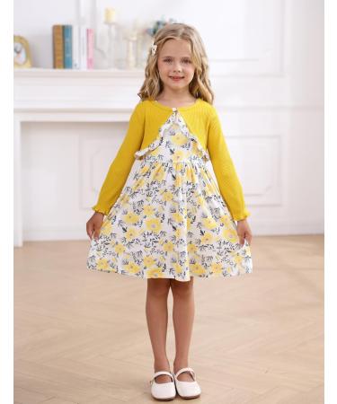 Puseky Toddler Girl Floral Print Sleeveless Dress and Ribbed Cardigan Set - 18-24 Months Yellow - Buy Online on GoSupps.com