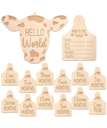 Huray Rayho Cow Baby Monthly Milestone Cards Rustic Wooden Herd Cattle Newborn Photography Props to Record Your Babys Growth, Gift Set of 14 Reversible Cards for Pregnancy and Baby Shower