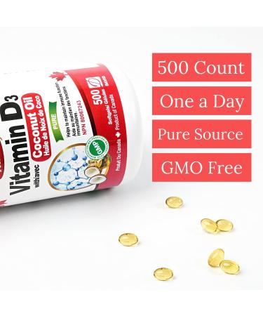 Nutridom Vitamin D3 with Coconut MCT Oil - 1 000IU (25mcg) per serving (500 Softgels) Supports Immune Fuction Muscle & Bone Health Non-GMO Gluten Free Made in Canada - Buy Online on GoSupps.com
