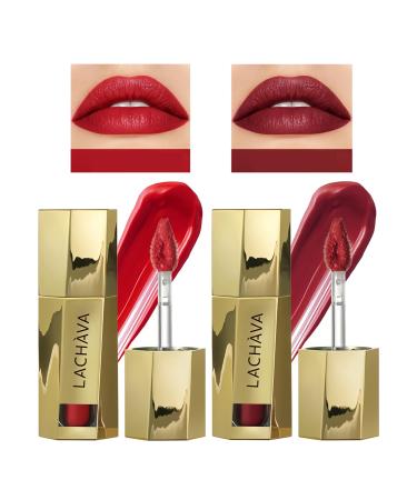 2 Pack Semi-Matte Liquid Lipstick Tinted Red Lip Gloss Moisturizing Lip Plumping Nude Color Lipstick for Women Girls Lightweight Finish Non-Sticky Long Lasting