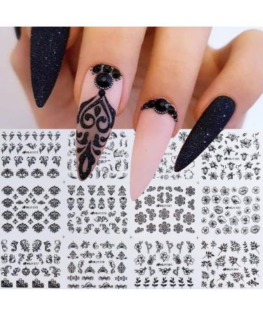 Black Flowers Nail Stickers  Floral Nail Art Decal 3D Self Adhesive Black Lace Retro Flower Vine Leaf Nail Decals for Women Nail Designs Nail Decoration(373-384 Black)