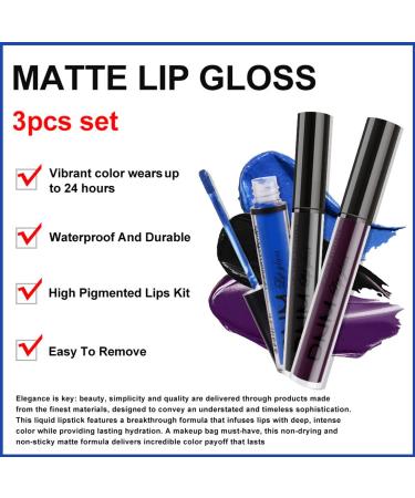 3Pcs Matte Lip Gloss Set 24 Hour Matte Liquid Lipstick Set Lip Stain Black lipstick Long-Lasting Waterproof Lipgloss Gothic Makeup Gift Lipsticks Set Dark Black Blue Purple (07) #07 - Buy Online on GoSupps.com