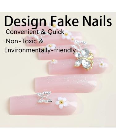 Buy BABALAL Square Press on Nails - Long Pink Glue on 3D Butterfly Flower Charm Acrylic Nails - 24Pcs Glitter Squoval Manicure for Women & Girls - Buy Online on GoSupps.com