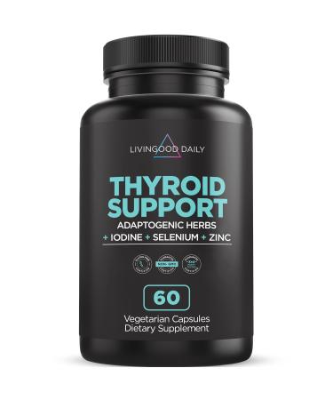 Livingood Daily Natural Thyroid Support - Complete Thyroid Supplement with Ashwagandha, Iodine, Selenium, Zinc, Copper, L-Tyrosine, Vitamin B12 & Magnesium - Metabolism and Energy Booster, 60 Capsules