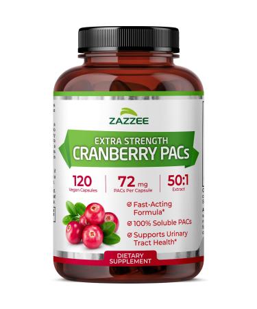 Zazzee Cranberry PACs 72 mg PACs per Capsule 2X Strength 100% Soluble 120 Vegan Capsules 50:1 Extract 18 200 mg Strength Fast-Acting Effective Urinary Tract Support Made in The USA 120 Count (Pack of 1)