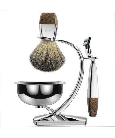 GRUTTI Luxury Safety Razor Shaving Kit for Men, with Shaving Bowl, 100% Badger Brush, Shave Razor Stand and Manual Safety Razor, Compatible with Mach 3 Unique Wet Shave Set Gifts for Men Mach 3 Shaving Set - Wood Grain