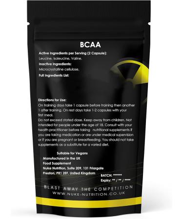 Nuke Nutrition BCAA Capsules 1000mg - 120 Count | Essential Amino Acids Supplement for Lean Muscle Growth & Recovery | Vegan, Leucine, Isoleucine & Valine - Buy Online on GoSupps.com