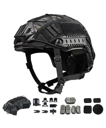 TacSnake Tactical Airsoft Paintball Fast Helmet with Helmet Cover, PJ Type Tactical Multifunctional Protective NVG Mount for Multicam Military Sports Hunting Shooting Black