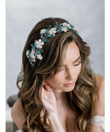 IYOU Flower Wedding Hair Vines Blue Crystal Bride Headband Leaf Guest Bridesmaid Hair Accessories for Women - Buy Online on GoSupps.com
