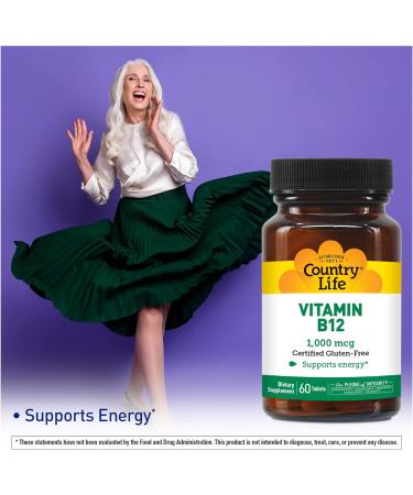 Country Life Vitamin B12 Supports Energy & Red Blood Cell Production 1000mcg 60 Tablets Certified Gluten Free Certified Vegan Certified Halal - Buy Online on GoSupps.com