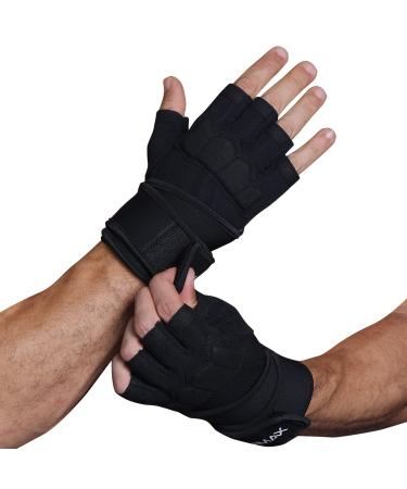 Workout Gloves for Men - Gym Weight Lifting Padded Gloves with Wrist Wrap Support, Full Palm Protection & Silicone Grip Gym Gloves, Exercise, Cross Training, Fitness, Pull-up Black Large(7.8-8.2 In)