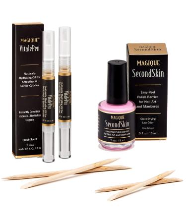 Magique Cuticle Oil Pen & Nail Strengthener - Nail Oil & Nail Guardian Serum - Cuticle Softener Oil Pens with Vitamins A & E - Natural Nails Treatment VitalePen (Bundle: SecondSkin + 2 Pens) 2 Pen + Latex Bundle