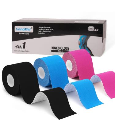 Kinesiology Tape Hypoallergenic and Waterproof Kinesiology Tape for Muscle Pain Relief and Joint Support Free-Cutting Elastic Athletic Tape (3 Rolls) Black+blue+pink