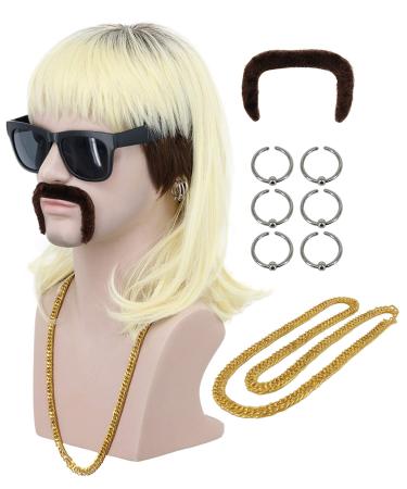 VGbeaty 70s 80s Adult Men Long Curly Black Root Blonde Mullet Mutsache Wig with Gold Necklace and 6 Earrings Halloween Costume Cosplay Wig