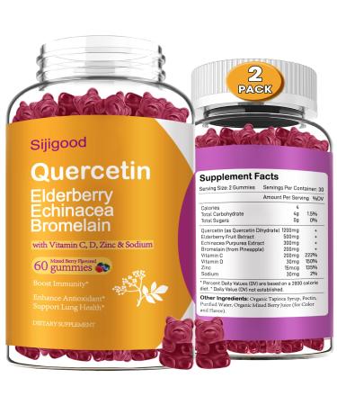 2 Packs Quercetin with Bromelain Gummies, Elderberry, Echinacea, Vitamin C D Zinc - Immune System Support 120 Counts Pure Quercetin Supplements Gummies for Kids & Adults Mixed Berry 60 Count (Pack of 2)