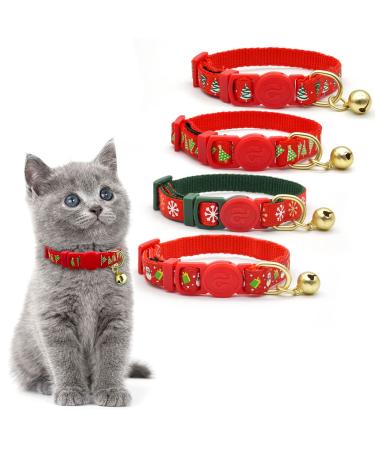 azuza 4 Pack Plaid Pattern Cat Collar Breakaway with Bell and Cat Collar Adjustable Cat and Kitten Collars Kitten(Neck:6"-8") 1#Merry Christmas