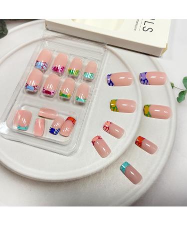 Colorful French Tip Press on Nails - Medium Square Fake Nails with Bubble Pattern | 24Pcs Reusable Acrylic Nails for Women and Girls - Buy Online on GoSupps.com