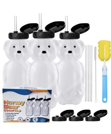Honey bear straw cup set - 3 Honey Bear Cup w/ 3 extra Caps bottle brush & Straw brush | Sippy cup Squeeze teddy Bear cup with straw Talk therapy tools Honey bear drinking cup | honeybearcup baby