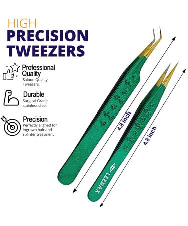 Leenax 2-Piece Fiber Tip Eyelash Extension Tweezers Set - Straight and 45-Degree Volume Tweezers, Japanese Stainless Steel, Anti-Slip, Hearts Design (Green) - Buy Online on GoSupps.com