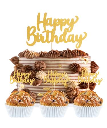 Happy Birthday Cake Topper Set - Gold Happy Birthday Cake Topper And Gold Happy Birthday Cupcake Topper Gold Glitter Photo Booth Props Birthday Party Decorations Cake Smash Decoration (gold01)
