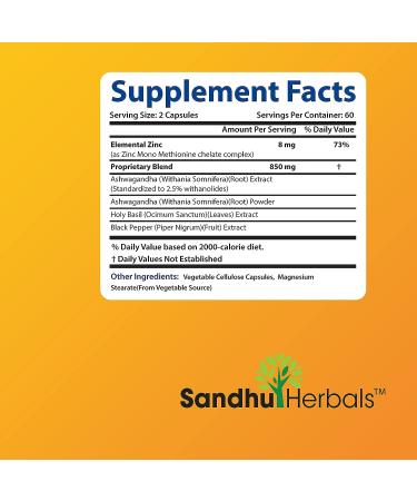 SANDHUHERBALS Ashwagandha with Zinc & Black Pepper Extract - 60 Vegetarian Capsules - Buy Online on GoSupps.com