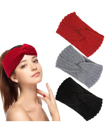 Powmag 3 pieces of hair straps women hair band knitted headband women winter headband knitted headband knitted women in beauty headband set women winter (black gray and red)